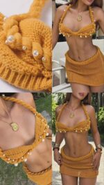 SET TEJIDO CON PERLAS MOSTAZA